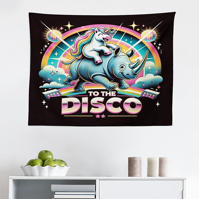 Ambesonne Funny Tapestry, Whimsical Colorful to the Disco Lettering Cheery Unicorn Riding a Wild Animal, Fabric Wall Hanging Decor for Bedroom Living Room Dorm, 28" X 23", Black Multicolor