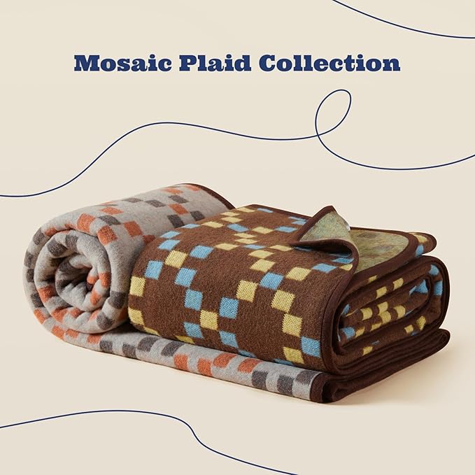 ACUSHLA Merino Wool Blanket - Soft Warm Thick Washable Large Throw Blanket for Camping Bed Couch Outdoor Travel All Weather, Mosaic Plaid Grey 79X63