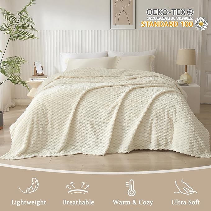 PHF Ultra Soft Flannel Fleece Blanket King Size, Lightweight 3D Jacquard Fleece Blanket, No Shedding, No Pilling, Luxury 340GSM Aesthetic Fluffy Cozy for Bed Room Decor, 108"x90", Cream