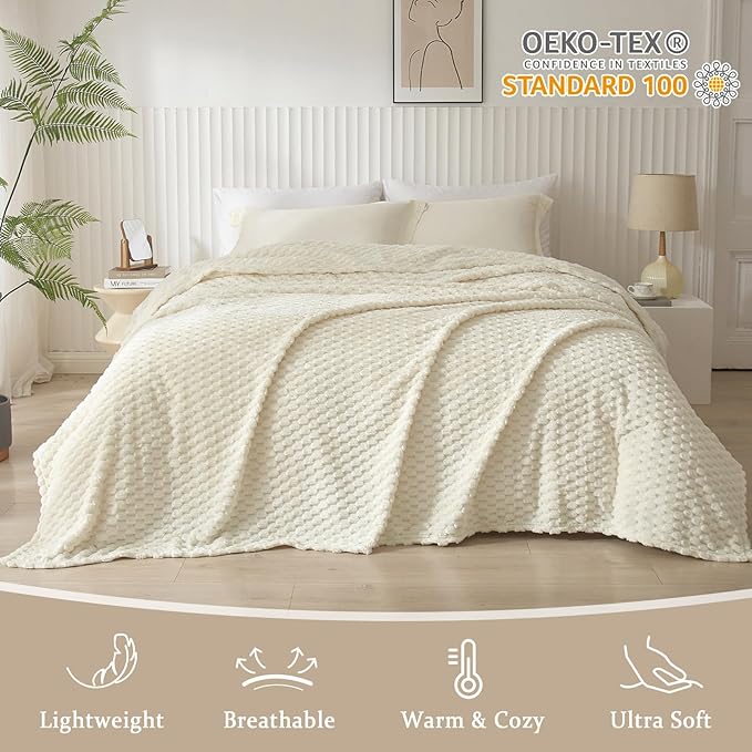 PHF Ultra Soft Flannel Fleece Blanket Queen Size, Lightweight 3D Jacquard Fleece Blanket, No Shedding, No Pilling, Luxury 340GSM Aesthetic Fluffy Cozy for Bed Room Decor, 90"x90", Cream