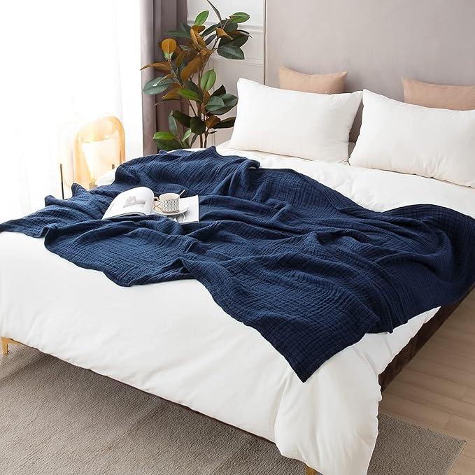 EMME Muslin Blanket 100% Cotton Throw Blankets for Couch Breathable Gauze Blanket All Season Soft and Lightweight Pre-Washed Cotton Blanket (Navy, 50"x70")