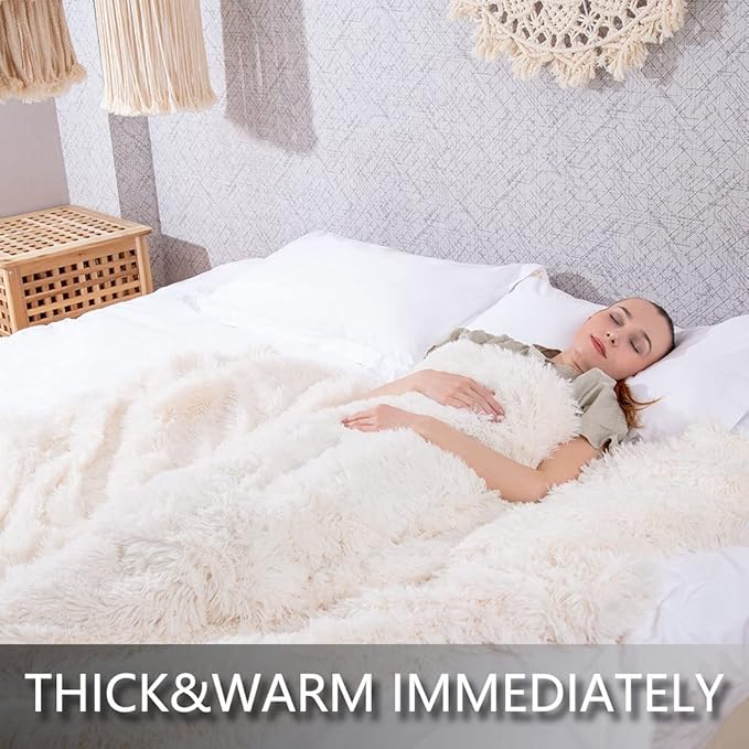 YUSOKI Long Faux Fur Throw Blanket for Sofa Couch,2 Layers,2.1lb,All Ages,Home Decoration, (Cream White,50" x 60")
