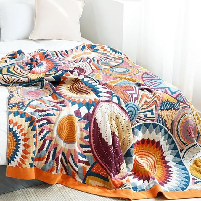 Muslin Boho Throw Blanket for Bed Couch, 100% Cotton Fall Throw Blanket, Bohemian Rustic Quilt 60"x80", Ultra Soft Mexican Blankets Travel Picnic Versatile Knitted Woven Blanket for Sofa