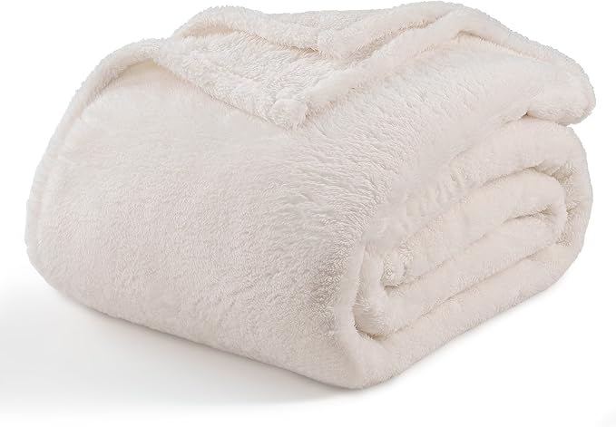 Berkshire Blanket Classic Extra-Fluffy™ Plush Blanket Queen Size, Soft Fuzzy Fluffy Long Hair Blanket for Couch Sofa Bed, Cream, 90x90 Inches