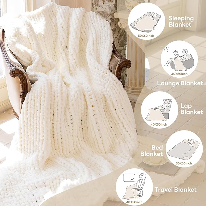 Chunky Knit Blanket - Luxury Soft Cozy King Size(60 * 80) Throw Blanket,100% Woven Blanket Rope Knot Throw Blanket for Couch, Sofa, Home Decor, Gift - Machine Washable(Milk White)