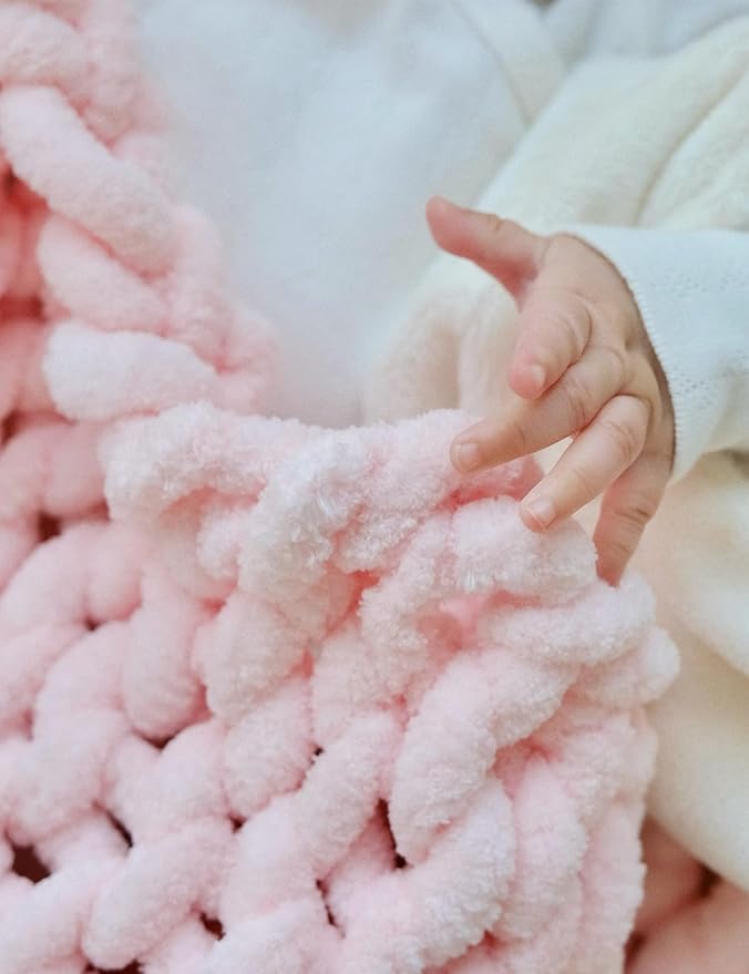 YnM Chunky Throw Blanket, Medium-Weight, Hand Knitted with Chenille Yarn, Skin Friendly, Ventilated and Breathable, Machine Washable, Home Décor Piece for Couch, Sofa and Bed (Petal Pink, 60x80 Inch)
