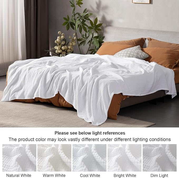 PHF 100% Cotton Muslin Throw Blanket Large 50" x 70", 4-Layer Lightweight and Breathable Blanket for Summer, Luxuriously Soft Gauze Throws for Couch, Natural Minimalism Style, Ideal Gift, White