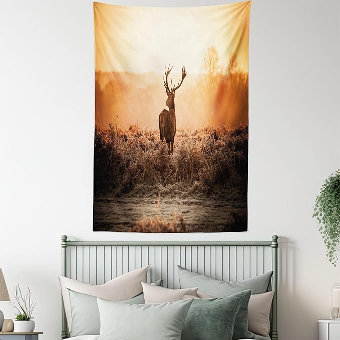 Ambesonne Hunting Tapestry Twin Size, Red Deer in the Morning Sun Wilderness Nature Scenery Countryside Rural Heathers, Wall Hanging Bedspread Bed Cover Wall Decor, 68" X 88", Brown Orange