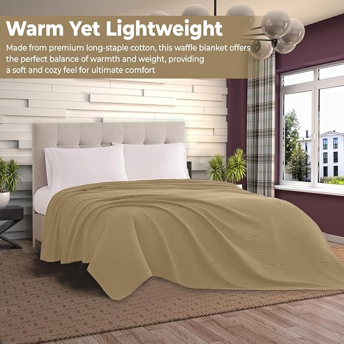 100% Cotton Blankets Throw Size for Bed - Waffle Weave Blankets for Summer, Lightweight and Breathable Soft Woven Blanket for Spring (Beige, Throw (50" x 60")