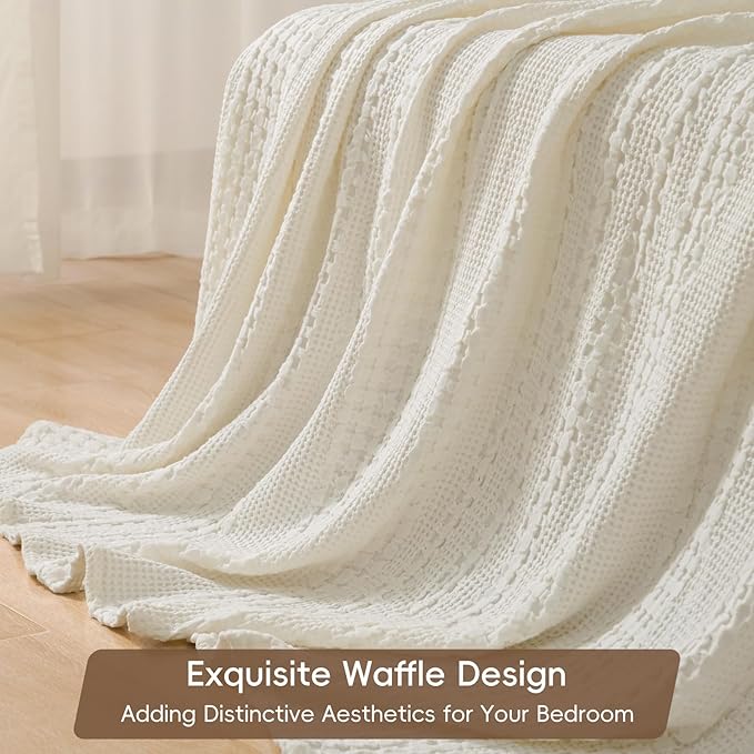 PHF 100% Cotton Waffle Weave Blanket Twin Size, Soft Lightweight Breathable Cozy Summer Blankets for Bed, Luxury Aesthetic Woven Bedding for Home Decor, 66"x90", Ivory