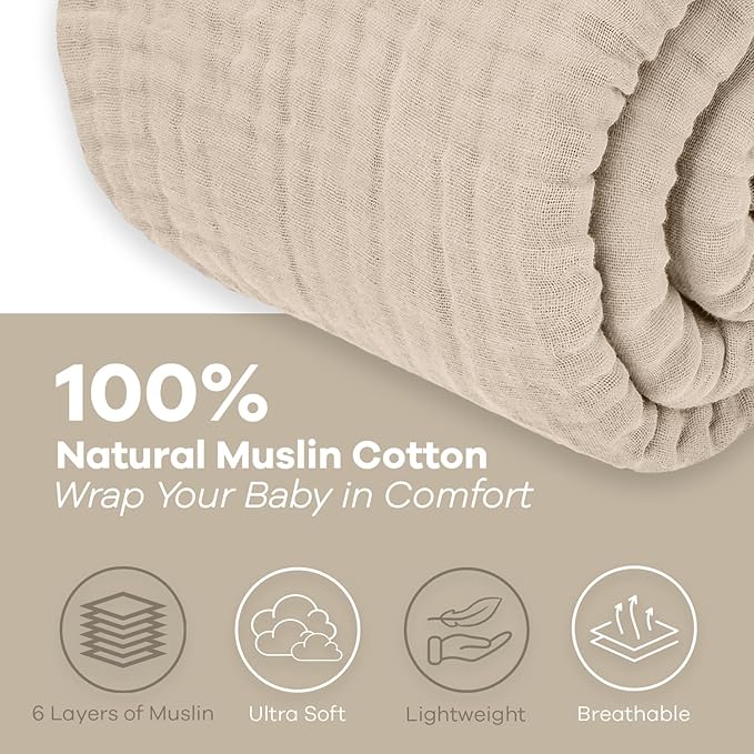 Comfy Cubs Muslin Throw Blanket - 50” x 60” Quilted Design - Lightweight, Breathable 6-Layer Gauze Fabric - Soft Cotton Blanket for Home or Travel - Packaged in Elegant Gift Box - Sand