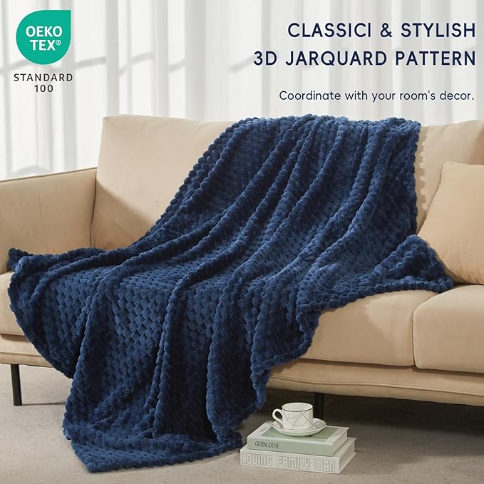 PHF Ultra Soft Flannel Fleece Throw Blanket, Lightweight 3D Jacquard Fleece Blanket, No Shedding, No Pilling, Luxury 340GSM Aesthetic Fluffy Cozy Throws for Couch Room Decor, 50"x60", Navy Blue