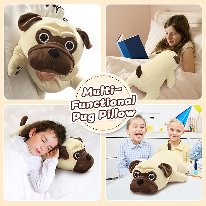 MaoGoLan 21 inch Pug Stuffed Animal Dog Plush Body Pillow for Girls, Beige French Bulldog Stuffy for Kids Christmas Valentine's Day Gift