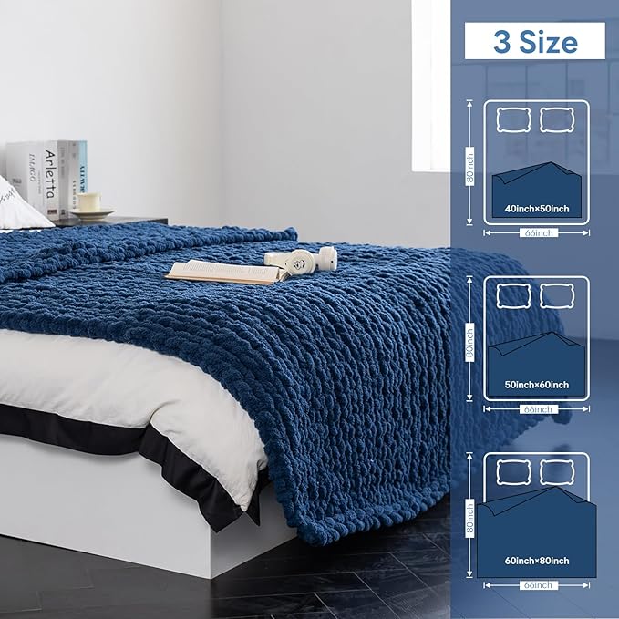 Chunky Knit Blanket - Luxury Soft Cozy King Size(60 * 80) Throw Blanket,100% Woven Blanket Rope Knot Throw Blanket for Couch, Sofa, Home Decor, Gift - Machine Washable(Deep Blue)