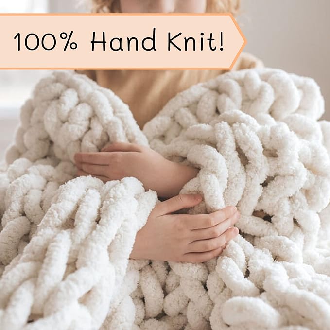 Adyrescia Chunky Knit Blanket Throw | 100% Hand Knit with Jumbo Chenille Yarn (30"x40", Cream White)