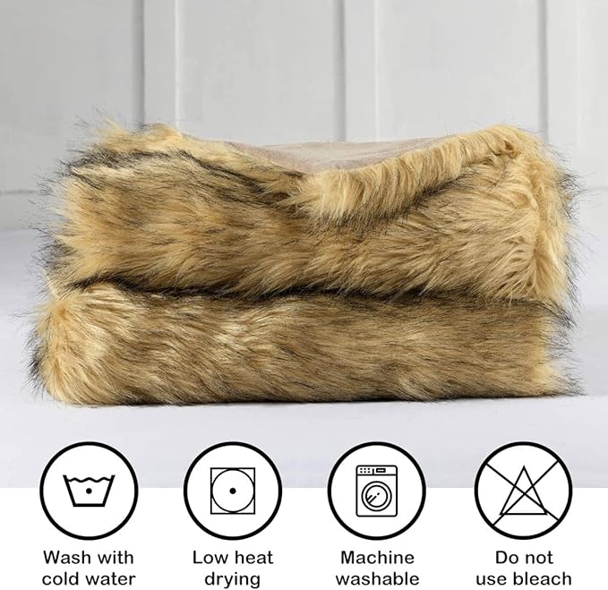 Luxury Plush Faux Fur Blanket King Size, Long Pile Golden Yellow with Black Tips Throw, Oversized Super Warm, Fuzzy, Elegant, Fluffy Shaggy Throw Blanket for Sofa, Armchair, Couch and Bed, 104"x90"