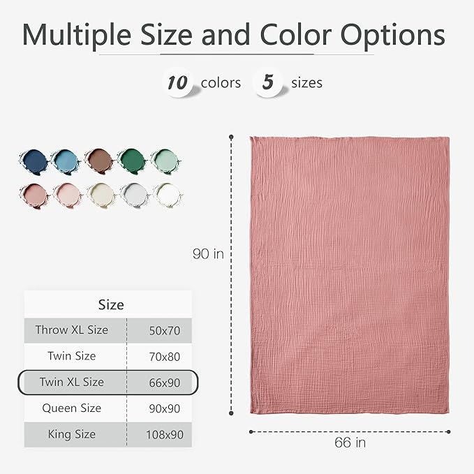 Carriediosa 100% Cotton Muslin Throw Blanket 66" X 90" Twin XL Size,4-Layers Summer Gauze Throws for Bed Couch,Soft Lightweight Breathable Linen Blankets Bedspread for Adults All Season,Mauve