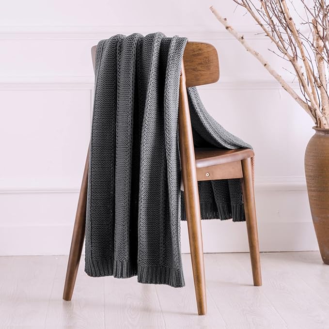 RECYCO Cable Knit Dark Grey Throw Blanket Twin Size for Couch, Super Soft Warm Cozy Decorative Knitted Throw Blanket 3.6LB for Bed, Sofa, Chair Large 60"x80"