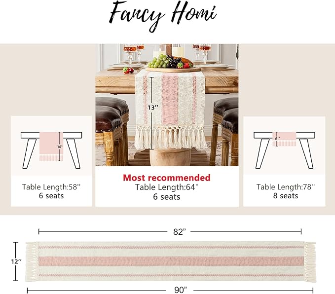 Fancy Homi Pink Table Runner 90 Inches Long Boho Macrame Table Runner for Home Decor, Farmhouse Table Runners with Tassels for Party Bohemian Rustic Bridal Shower Dining Decor 12x90 Inches
