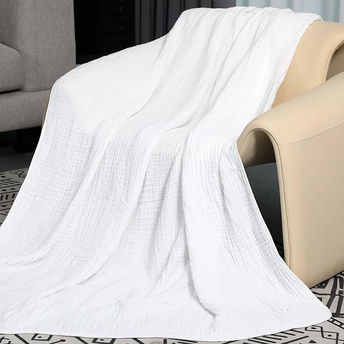 Yoofoss Muslin Blanket 100% Cotton Throw Large 50" x 60" for Bed Couch Summer Gauze Blanket for Adults Lightweight and Breathable White