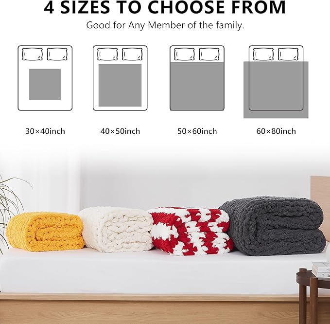 L'AGRATY Chunky Knit Blanket Throw - Soft Chunky Throw Blanket 40x50: 100% Hand Kintted Chenile Crochet Throw Blanket for Couch - Large Cable Knit Chunky Blanket for Home Decor(Red and White)