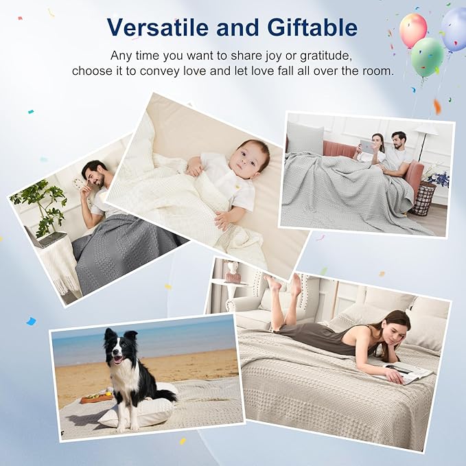 PHF 100% Cotton Waffle Weave Blanket Twin Size, Soft Lightweight Breathable Cozy Summer Blankets for Bed, Luxury Aesthetic Woven Bedding for Home Decor, 66"x90", Baby Blue