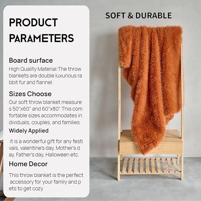 Luxury Fluffy Faux Fur Throw Blanket,Thick Fluffy Fuzzy Cozy Blanket,Plush Blankets for Couch, Sofa, Chair, Bed-Burnt Orange,50x60