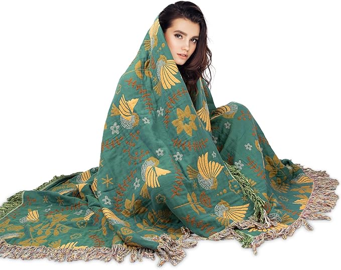 MACEVIA 100% Cotton Boho Throw Blanket, Soft Lightweight Green Bird Floral Design, 90"x98" King Size Bedspread for Couch Sofa, Bed, Travel, Cottagecore Decor, with Fringe Tassels (Bird Floral)