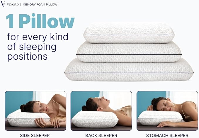 Vaverto Standard Size Gel Memory Foam Pillow - Ventilated, Orthopedic, Bed Pillow, Cooling, with Viscose Made from Bamboo Cover - Essential for College Dorms