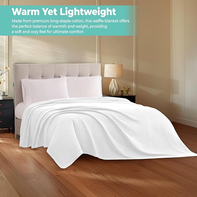 100% Cotton Blankets Queen Size for Bed - Waffle Weave Blankets for Summer, Lightweight and Breathable Soft Woven Blanket for Spring, (White, Queen (90" x 90"))