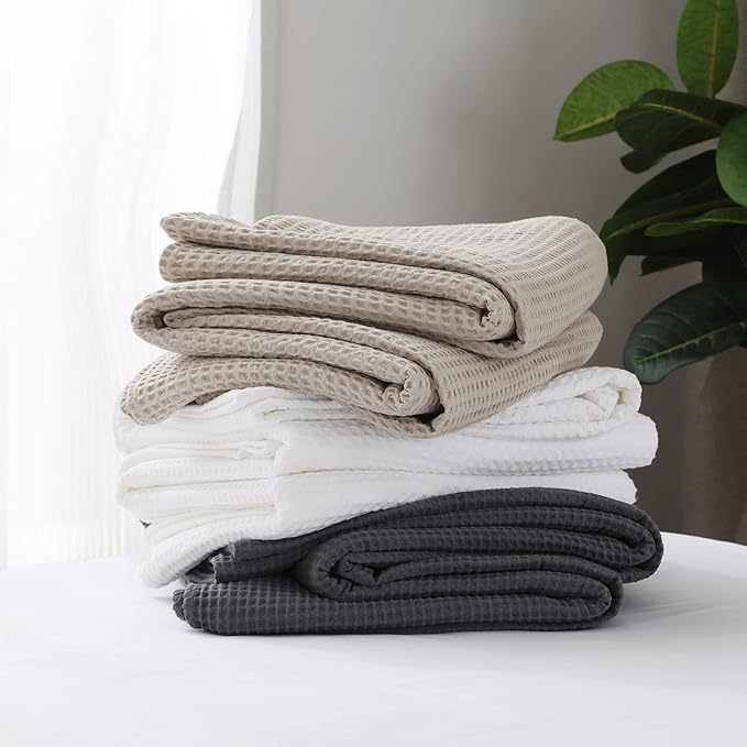 100% Cotton Waffle Blanket (White - Queen Size - 90 * 90''), Pre-Washed and Anti-Shrinkage Soft Lightweight Bed & Couch Blanket, 380 GSM Waffle Weave Throw Blanket for All Seasons