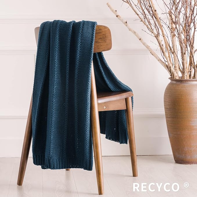 RECYCO Cable Knit Navy Blue Throw Blanket Twin Size for Couch, Super Soft Warm Cozy Decorative Knitted Throw Blanket 3.6LB for Bed, Sofa, Chair Large 60"x80"