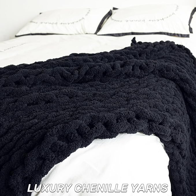 Chunky Knit Blanket - Luxury Soft Cozy Queen Size(50 * 60) Throw Blanket,100% Woven Blanket Rope Knot Throw Blanket for Couch, Sofa, Home Decor, Gift - Machine Washable(Black)