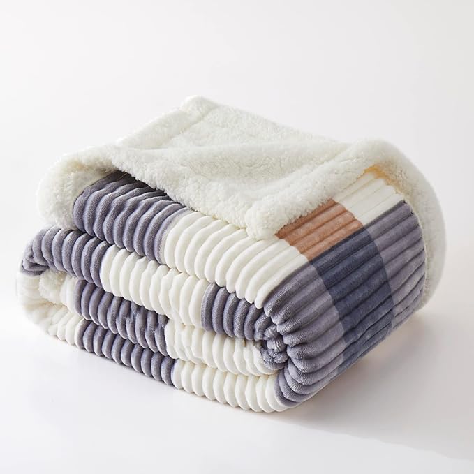 PU MEI Sherpa Blanket Full/Queen Plaid Thick Bed Blanket, 90”*80” Super Soft Flannel Fuzzy Fleece Reversible Velvet Plush Warm Blanket for Couch (Grey-Check, 80"*90")