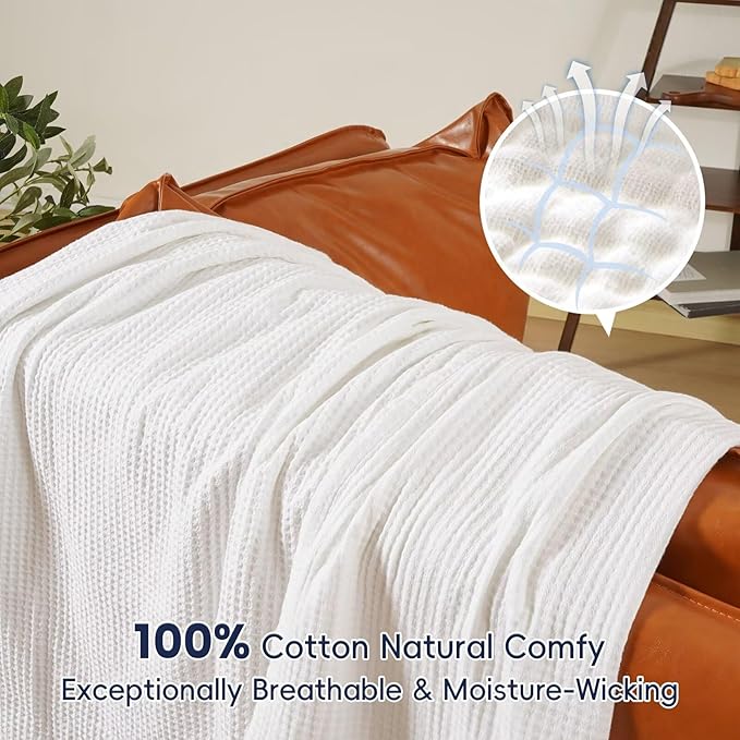 PHF 100% Cotton Waffle Muslin Throw Blanket Large 50" x 70", Lightweight and Breathable Washed Cotton Blanket, Aesthetic Soft Muslin Waffle Bedding for Sofa Bed Home Decor, White