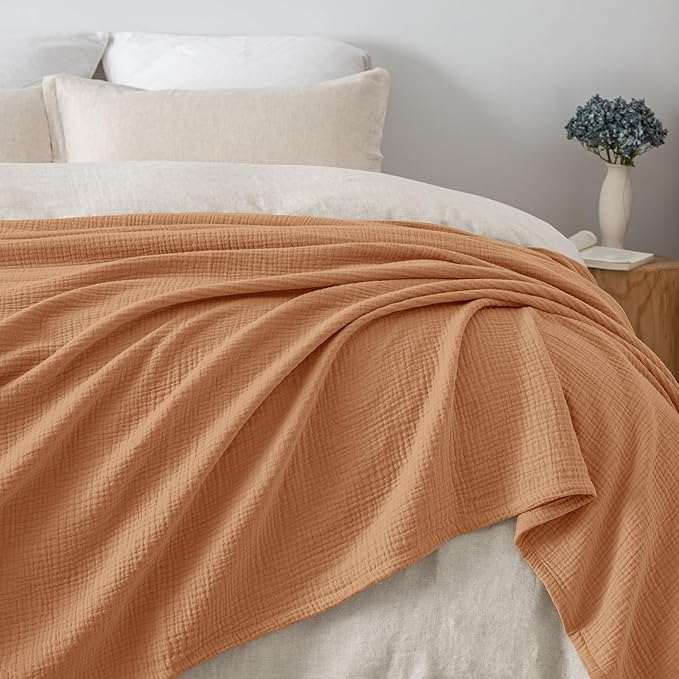 PHF 100% Cotton Muslin Blanket King Size 108" x 90", 4-Layer Lightweight and Breathable Blanket for Summer, Luxuriously Soft Gauze Bedding for Bed, Natural Minimalism Style, Ideal Gift, Caramel