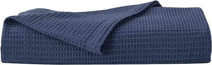 100% Cotton Queen Size Blue Waffle Weave Summer Blanket - 90x90in Prewashed Breathable, Woven, Layering Blanket