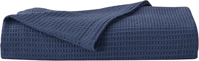 100% Cotton Queen Size Blue Waffle Weave Summer Blanket - 90x90in Prewashed Breathable, Woven, Layering Blanket