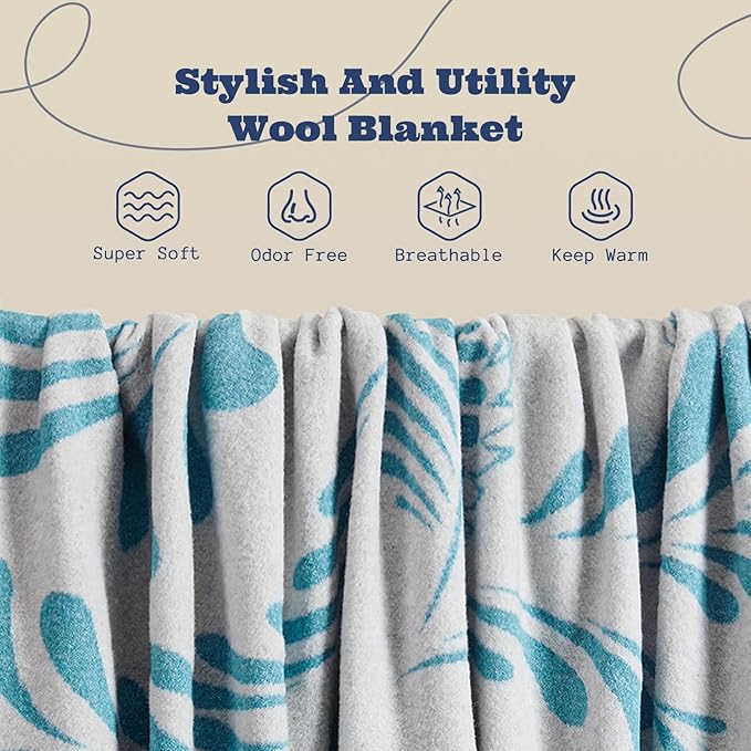 ACUSHLA Merino Wool Blanket - Soft Warm Thick Washable Large Throw Blanket for Camping Bed Couch Outdoor Travel All Weather, Rainforest Blue 79X63