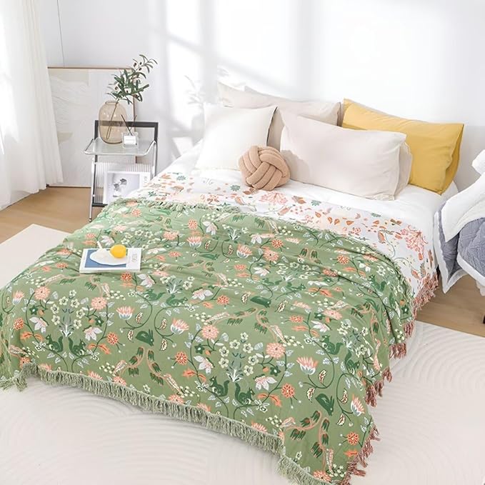 Green Boho Throw Blankets for Bed Couch, 100% Organic Cotton Breathable Woven Throw Blankets 80"x90", Versatile Boho Quilt for Travel Picnic,Home Decor Lightweight Farmhouse Muslin Blankets