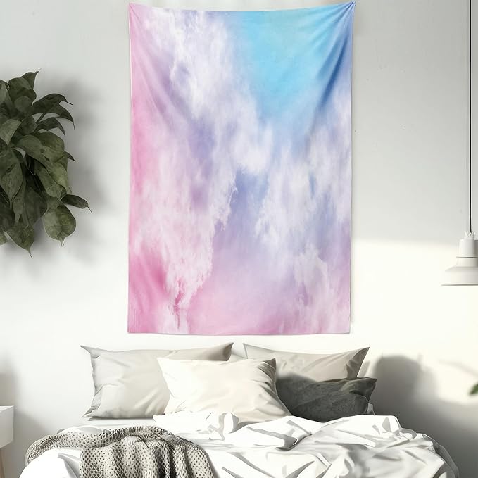Ambesonne Pastel Tapestry, Fantasy Sky Abstraction Smoky Clouds Foggy Ethereal Composition, Fabric Wall Hanging Decor for Bedroom Living Room Dorm, 23" X 28", Pink Blue