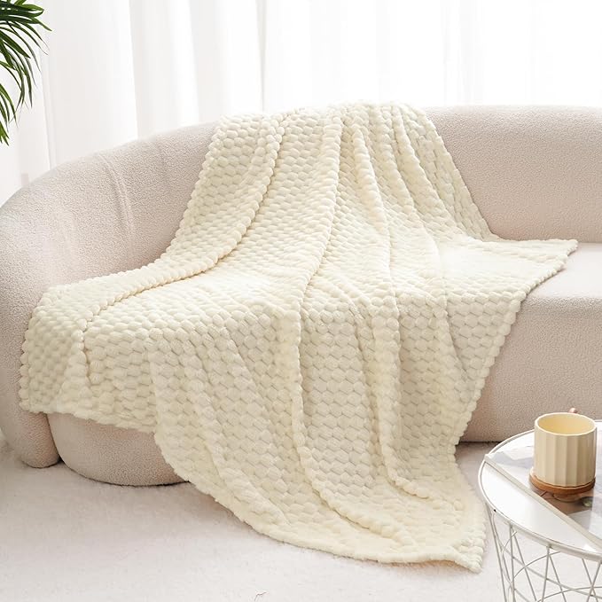 PHF Ultra Soft Flannel Fleece Throw Blanket, Lightweight 3D Jacquard Fleece Blanket, No Shedding, No Pilling, Luxury 340GSM Aesthetic Fluffy Cozy Throws for Couch Room Decor, 50"x60", Cream