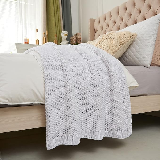 Chunky Cable Knit Throw Blanket Lightweight White 100% Organic Cotton Blanket for Sofa Couch Bed Baby Nursery, Rustic Shabby Chic Modern Farmhouse, Pure White 51” x 63” Give Laundering Bag