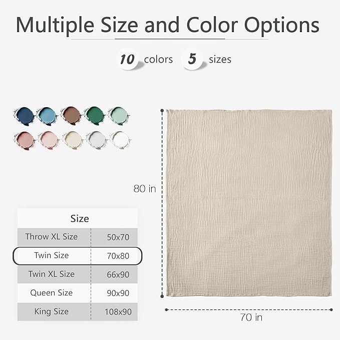 Carriediosa 100% Cotton Muslin Throw Blanket 70" X 80" Twin Size,4-Layers Summer Gauze Throws for Bed Couch,Soft Lightweight Breathable Linen Blankets Bedspread for Adults All Season,Khaki