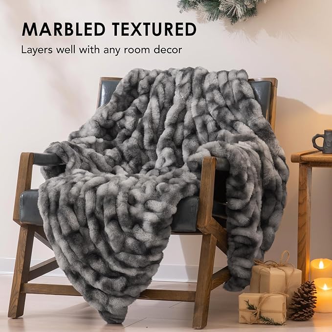 EVERGRACE Luxurious Soft Faux Rabbit Fur Throw Blanket, Cozy Fuzzy Plush Warm Throws for Couch Bed Sofa Chair Home Decor, Ruched Bubble Fluffy Blanket with Reversible Velvet, 60" x 80", Gray