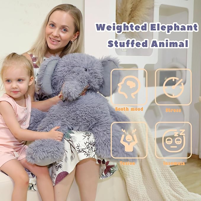4.2 lbs Weighted Elephant Stuffed Animal 24in, Plush for Adult, Kids, Animal Pillow Gifts on Christmas, Birthday, Valentine's Day