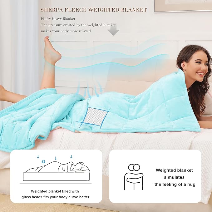 Alomidds Sherpa Fleece Weighted Blanket for Adults(20lbs Queen Size 20lbs 60 x 80 inches) Heavy Blanket with Fluffy Warm Thick Sherpa & Cozy Soft Flannel for Sofa Bed, Aqua