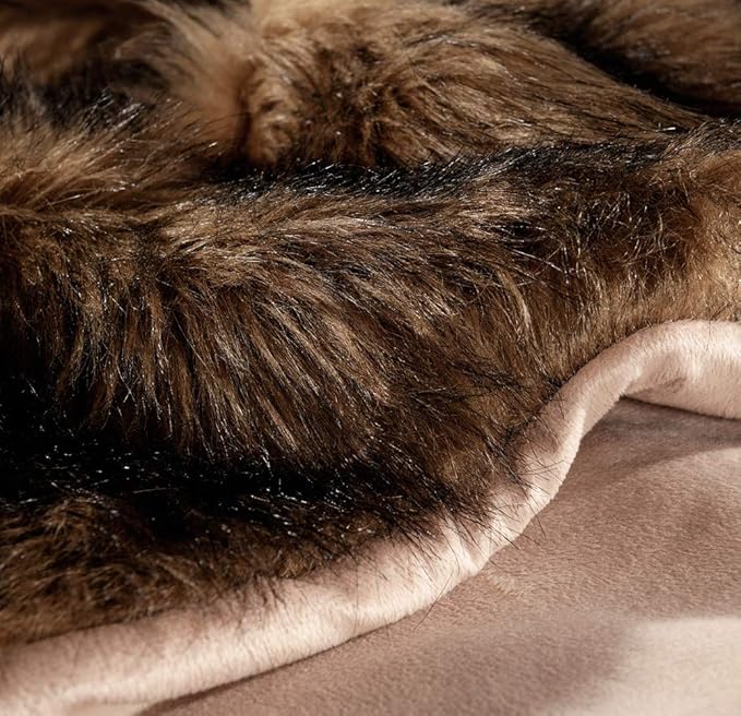 Luxury Plush Faux Fur Blanket Queen Size, Long Pile Brown with Black Tips, Oversized Super Warm, Fuzzy, Elegant, Fluffy Decoration Throw Blanket for Sofa, Armchair, Couch and Bed, 90"x90"