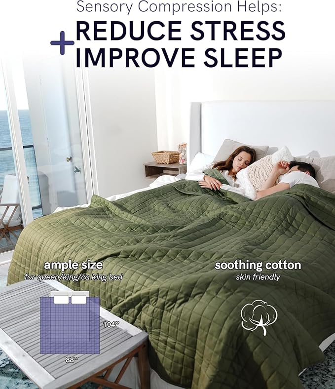 YnM Weighted Blanket, Soothing Cotton, Smallest Compartments with Glass Beads, Bed Blanket for Two Persons of 90~160lbs, Ideal for Queen or King Bed (80x87 Inches, 20 Pounds, Amy Green)