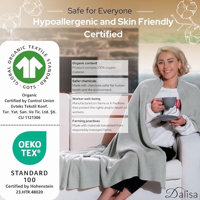 100% Organic Turkish Cotton Throw Blanket - GOTS Certified, Cozy - Perfect for Couch, Bed, and Home Decor - Boho Vintage Knit Alina (Harbor Mist, 66x82)